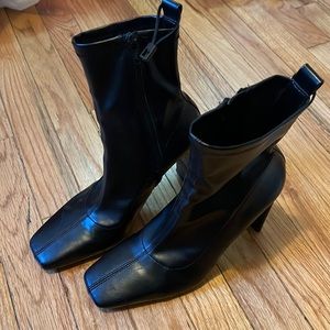 Black square toe faux leather heeled boots